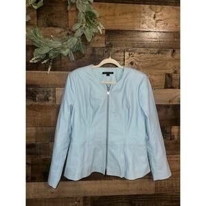 Boston Proper Collarless Peplum Leather Jacket in Aqua, size L